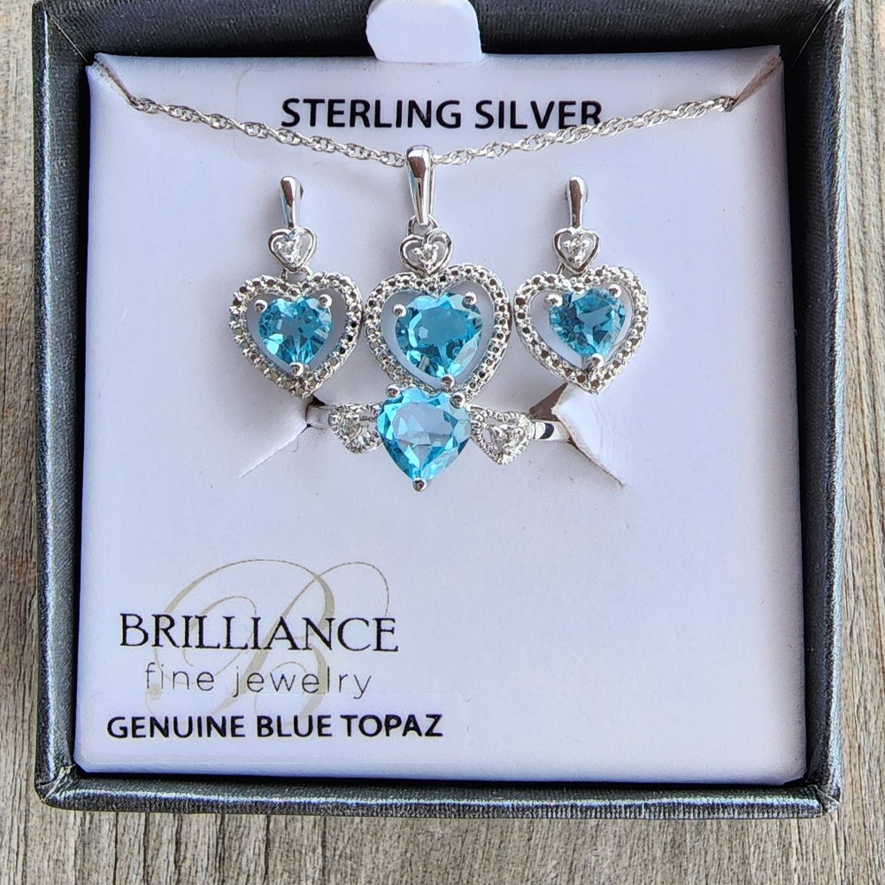 925 Sterling Silver Brilliance Fine Jewelry Blue Topaz Ring Necklace Earring SET